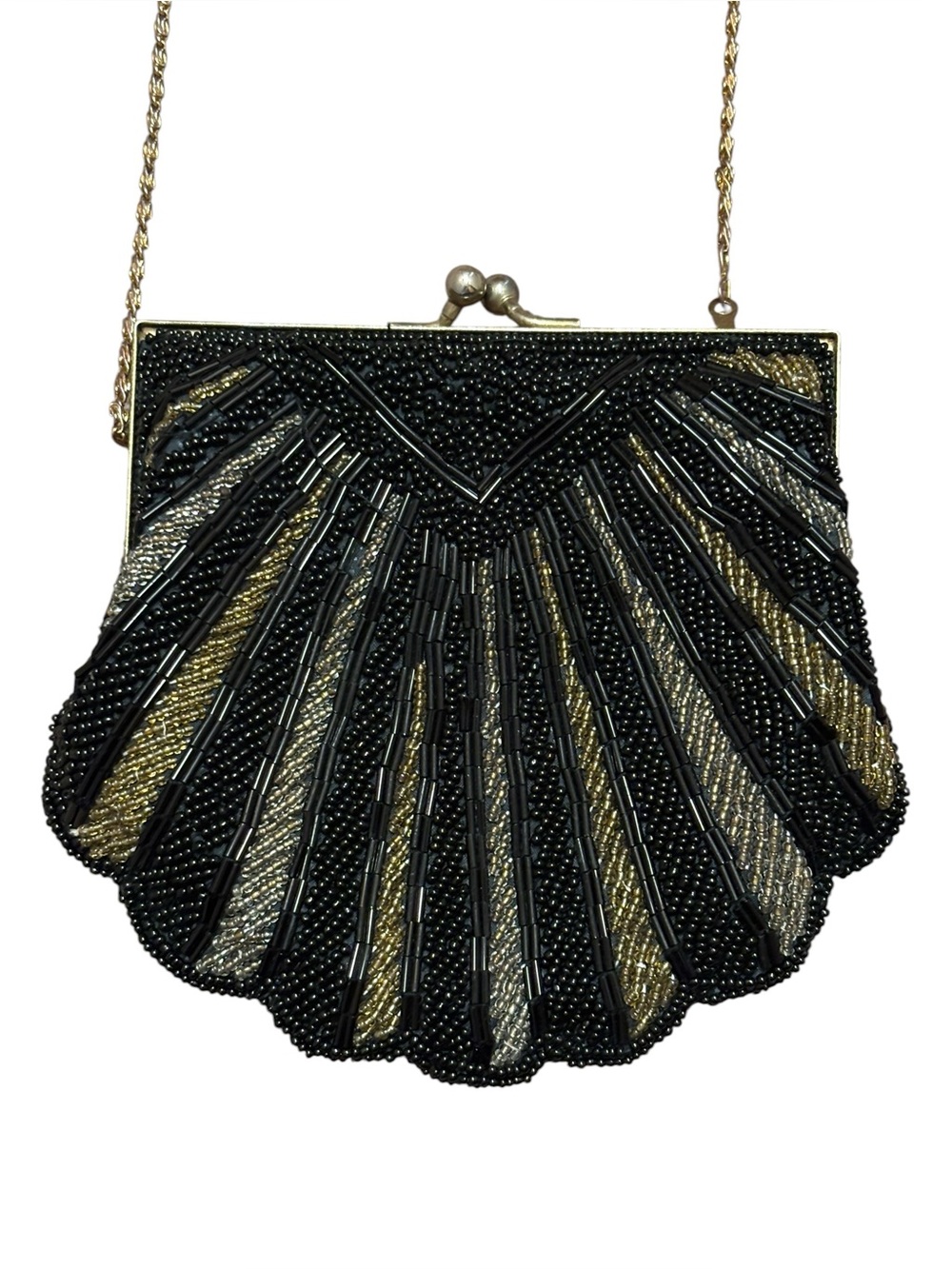 Vintage Beaded Shell Evening Art Deco Metallic Mini Clutch in Black and Gold